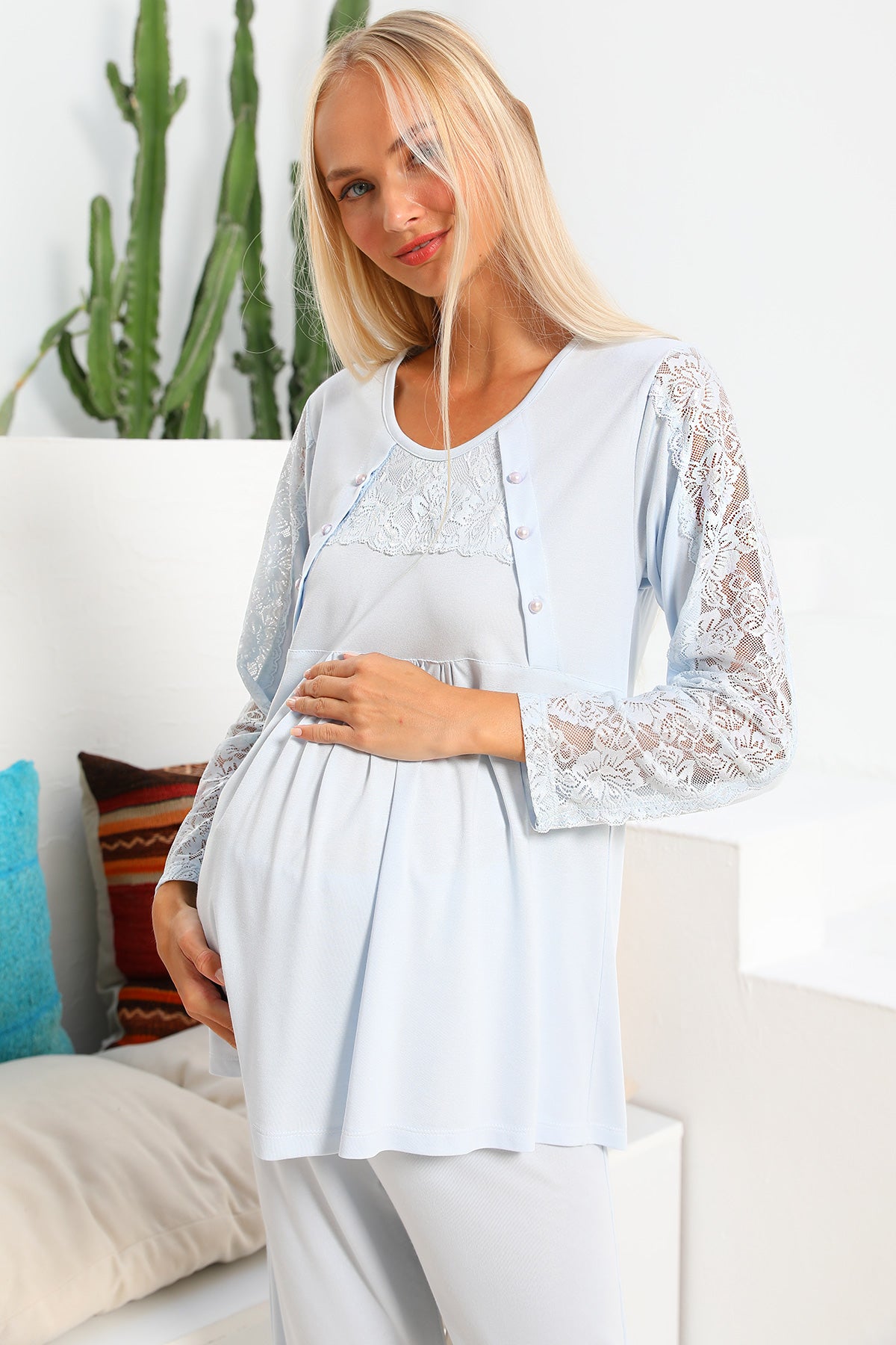 Shopymommy 55703 Elegance Lace Sleeves 3-Pieces Maternity & Nursing Pajamas With Welsoft Robe Blue
