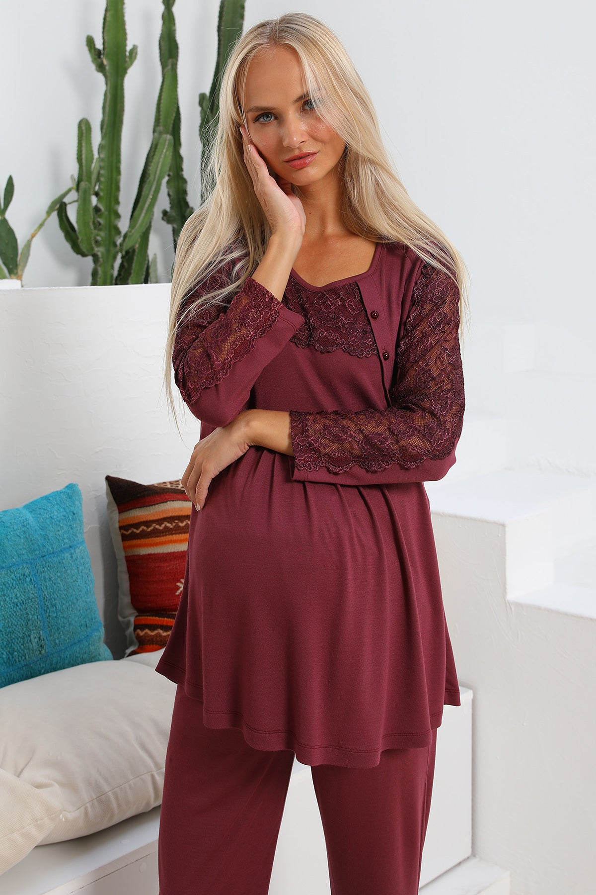 Shopymommy 55703 Elegance Lace Sleeves 3-Pieces Maternity & Nursing Pajamas With Welsoft Robe Plum
