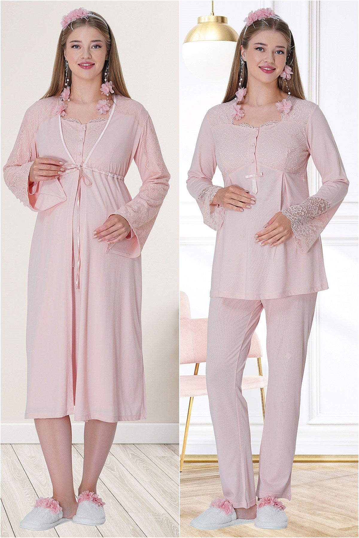 Shopymommy 5718 Lace Embroidered 4 Pieces Maternity & Nursing Set Powder