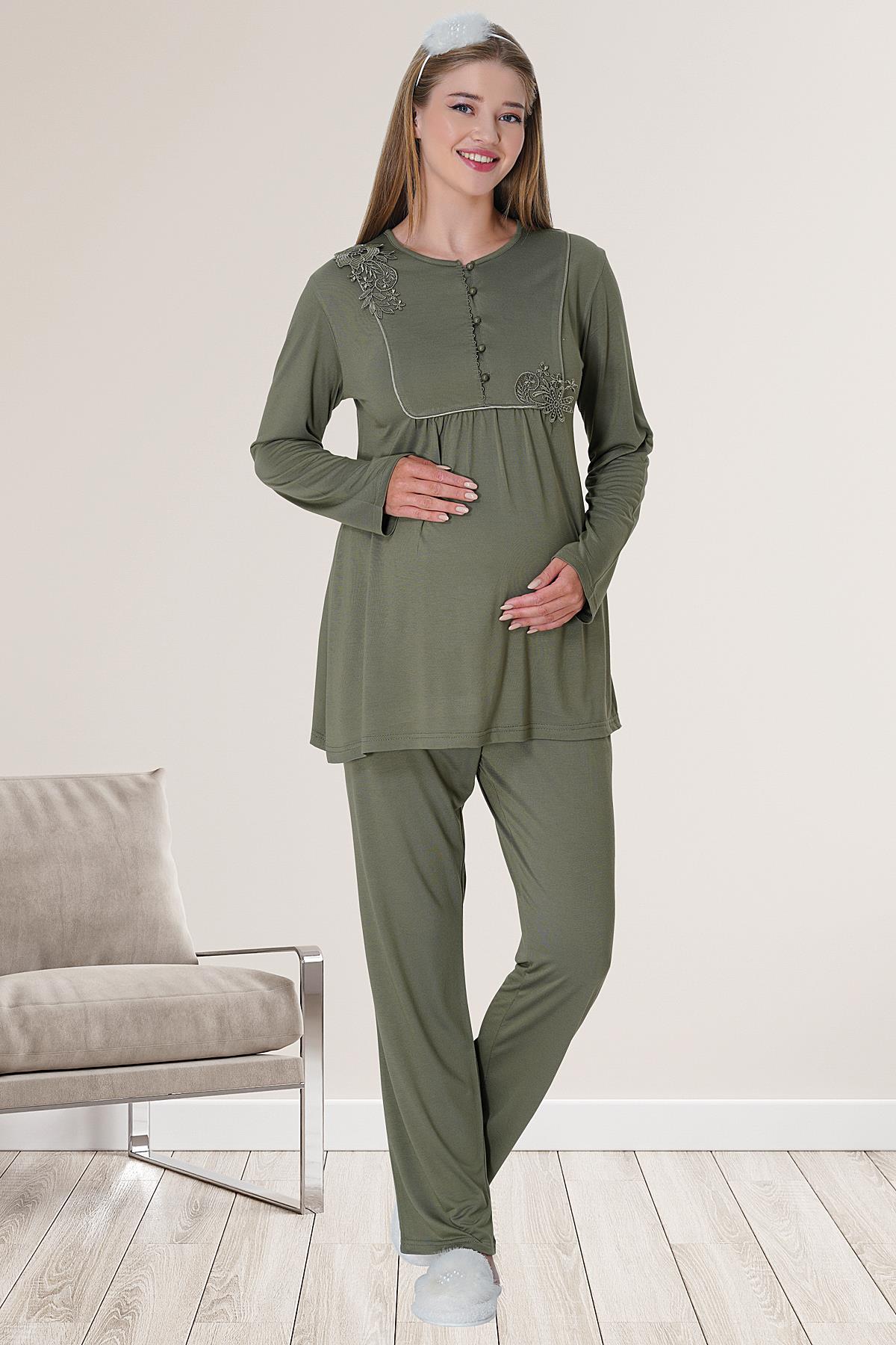 Shopymommy 5828 Embossed Lace Maternity & Nursing Pajamas Green