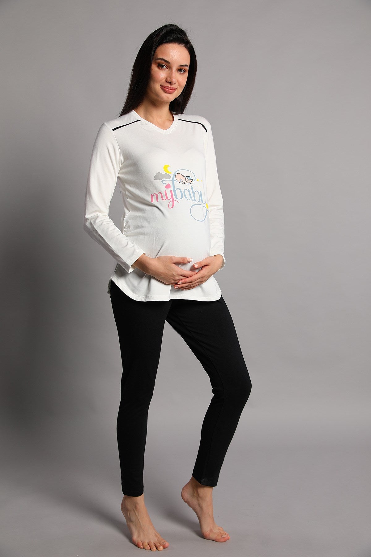 Shopymommy 5345 My Baby Maternity T-Shirt & Tights Set Ecru