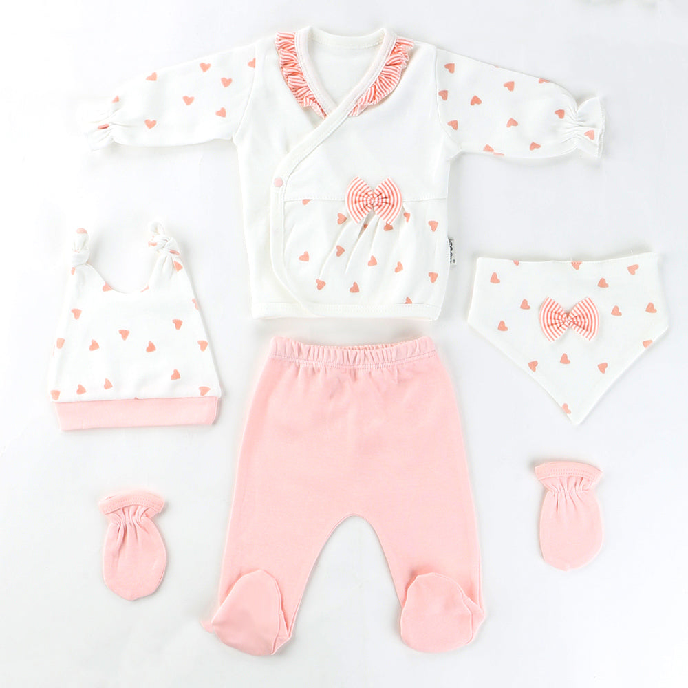 Heart Pattern Hospital Outfit 5-Piece Set Newborn Baby Girls Salmon - 001.1005