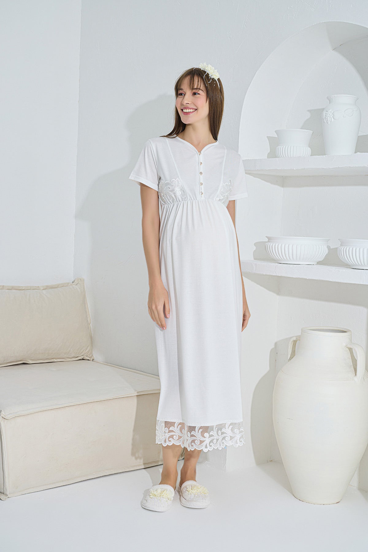 Shopymommy 0735 Lace Skirt Maternity & Nursing Nightgown Ecru