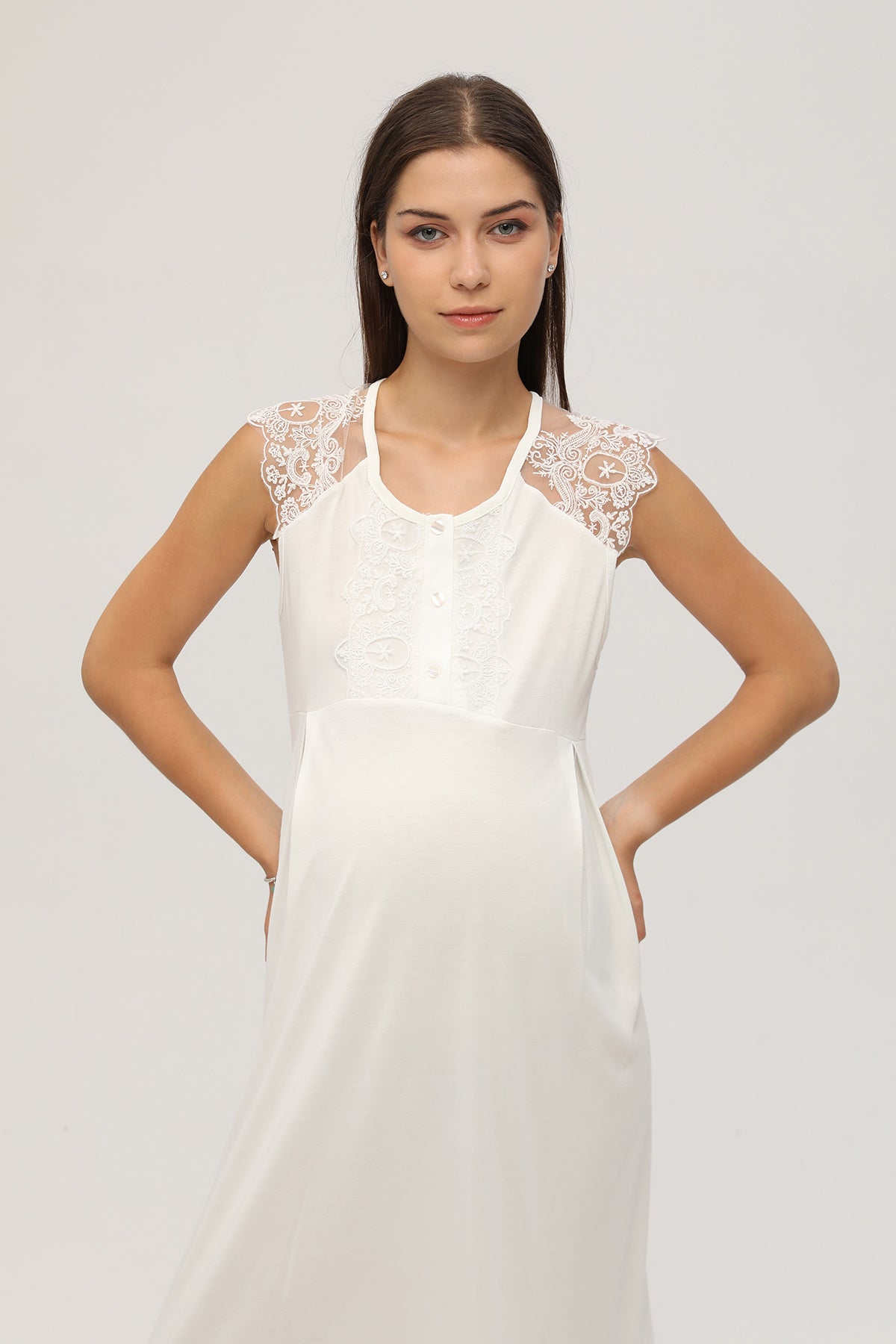 Shopymommy 107 Lace Shoulder Maternity & Nursing Nightgown Ecru