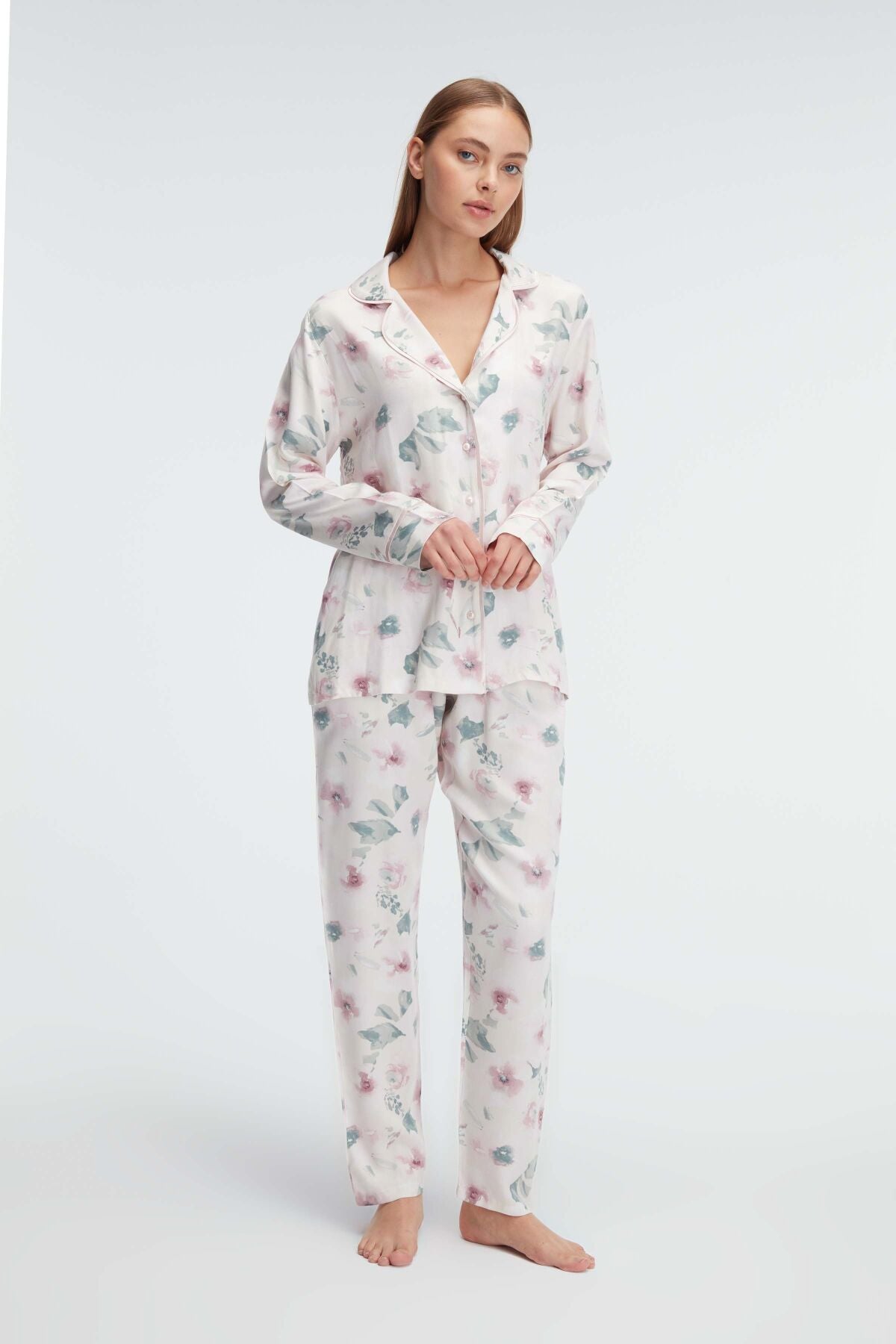 Shopymommy 11310 Flowery Maternity & Nursing Pajamas Ecru
