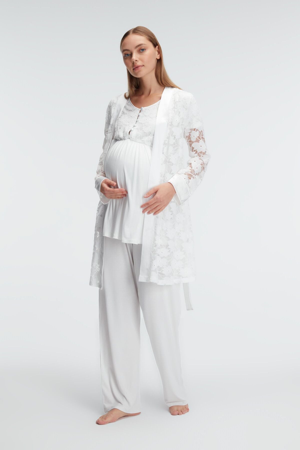 Shopymommy 11311 Lace 3-Pieces Maternity & Nursing Pajamas With Flower Robe Ecru