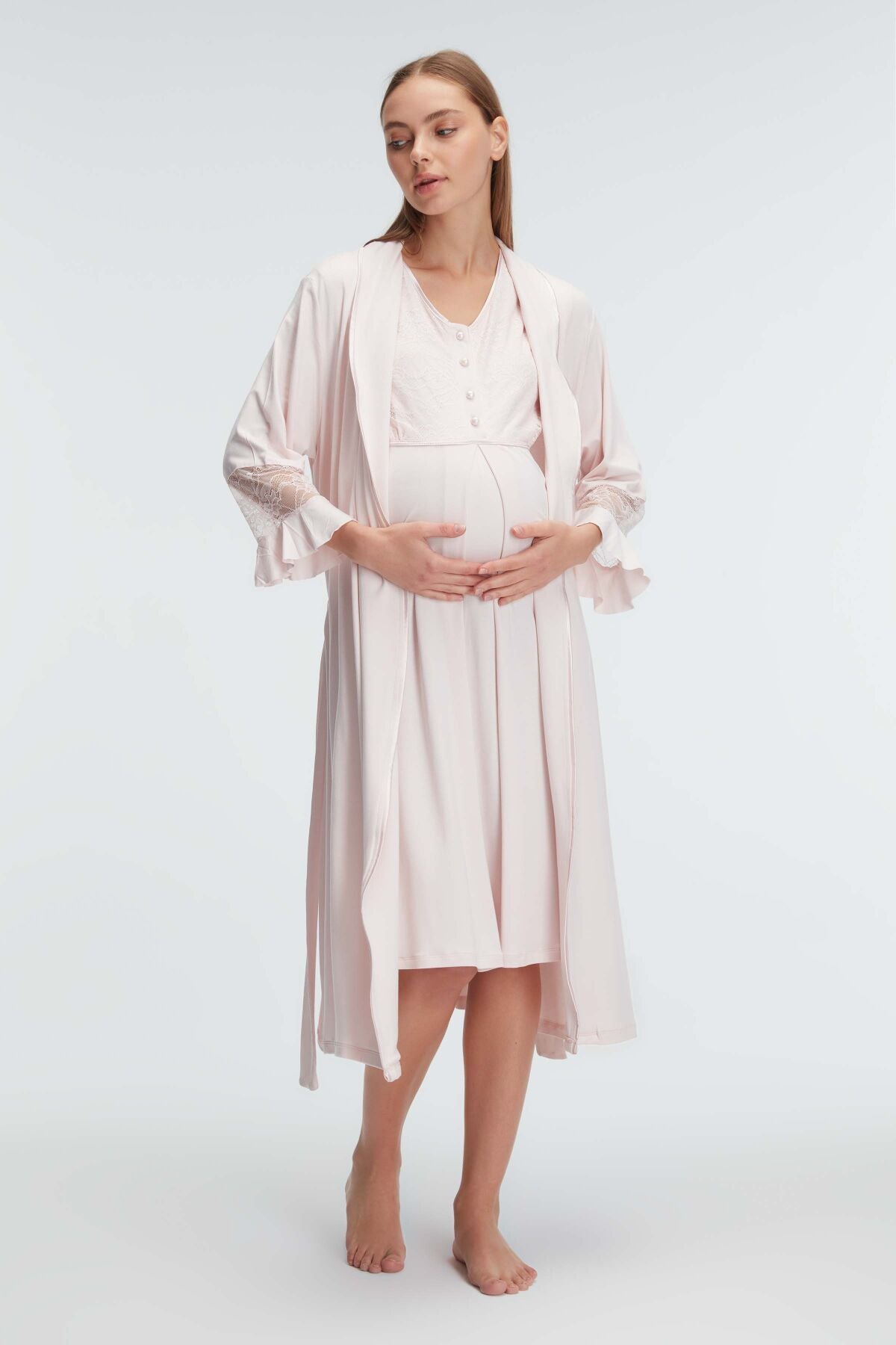 Shopymommy 11313 Lace Sleeve Maternity & Nursing Nightgown With Robe Ecru