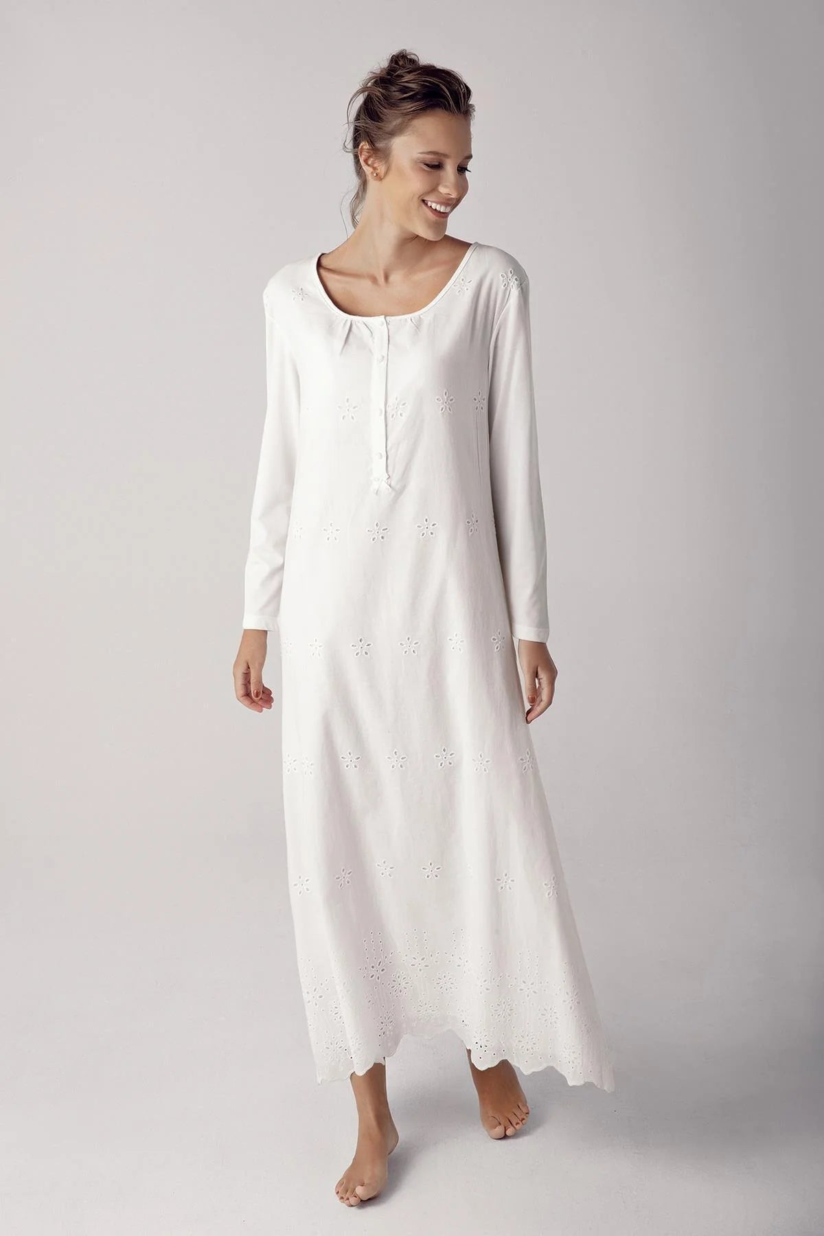 Shopymommy 11401 Woven Long Maternity & Nursing Nightgown With Robe Ecru