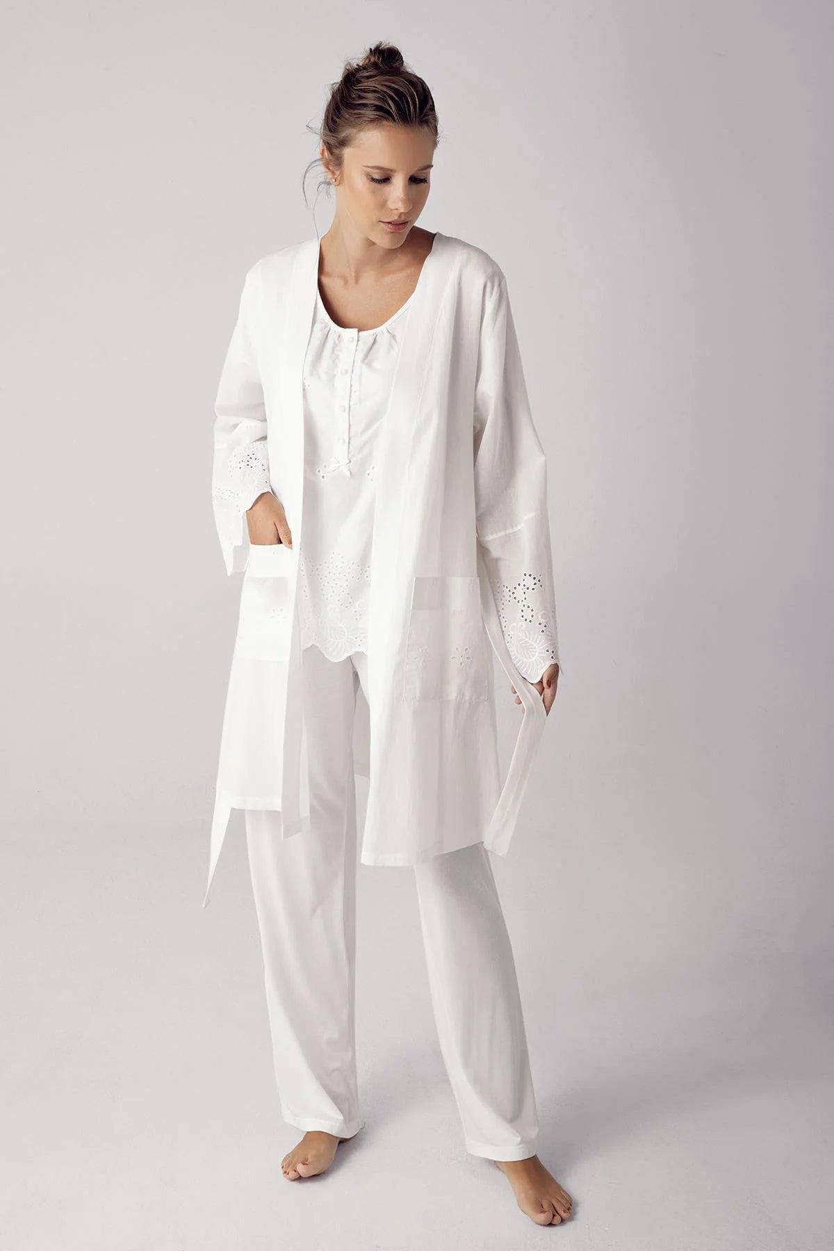 Shopymommy 12311 Woven 3-Pieces Maternity & Nursing Pajamas With Robe Ecru