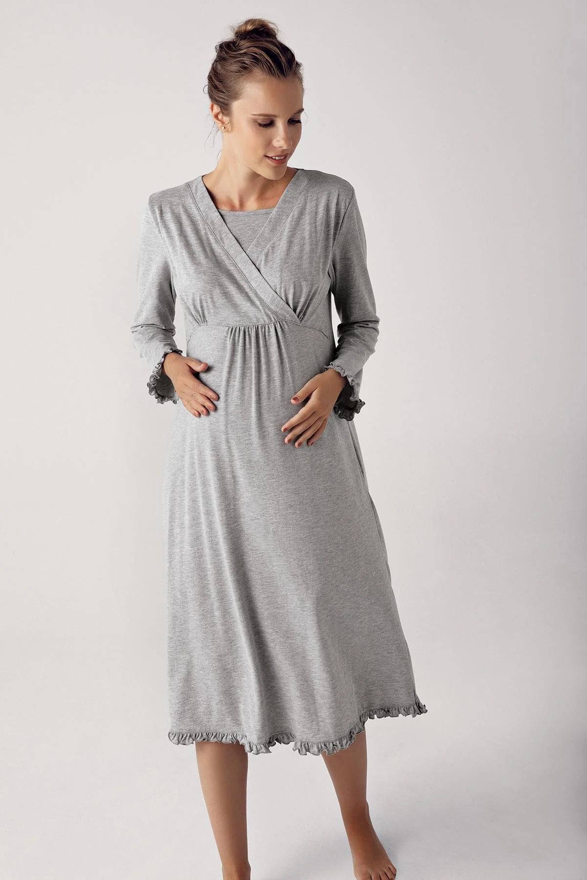 Shopymommy 13112 Double Breasted Maternity & Nursing Nightgown Grey