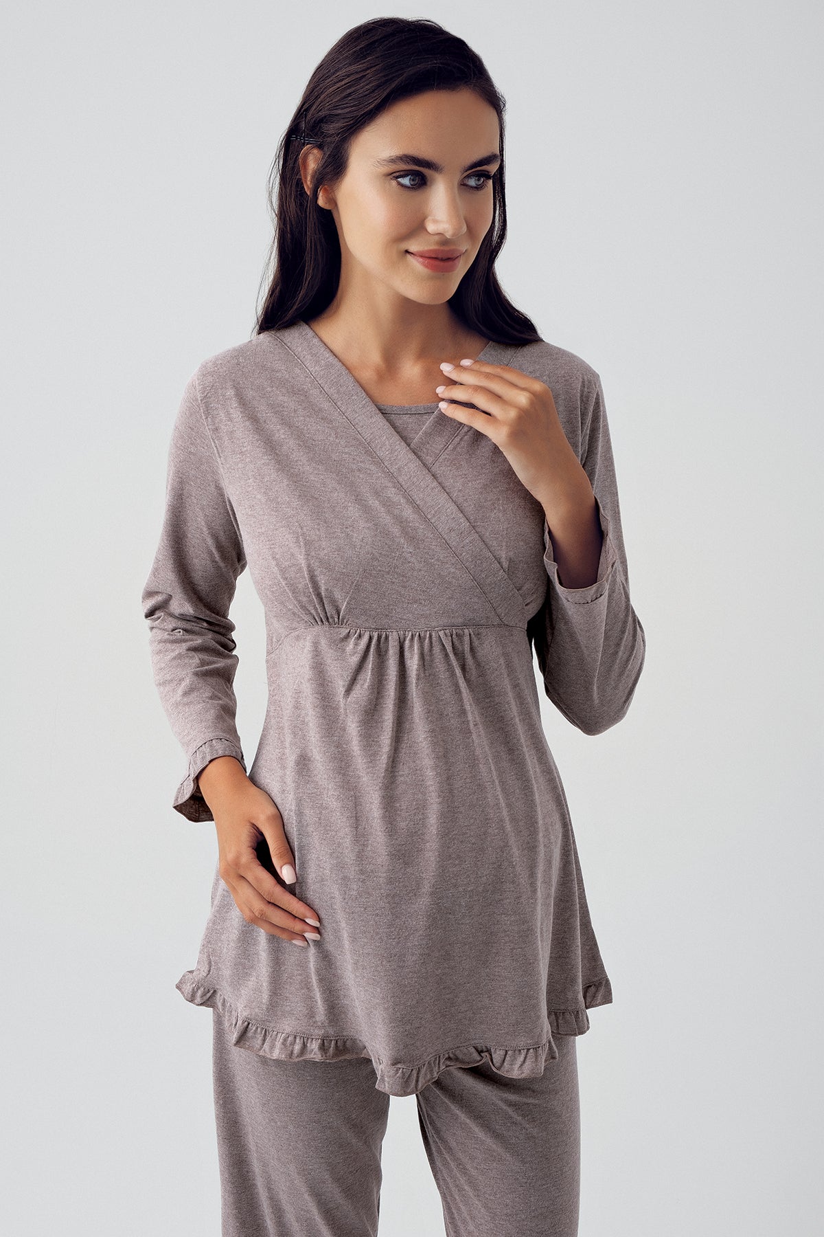 Shopymommy 15301 Double Breasted 3-Pieces Maternity & Nursing Pajamas With Knitwear Robe Coffee