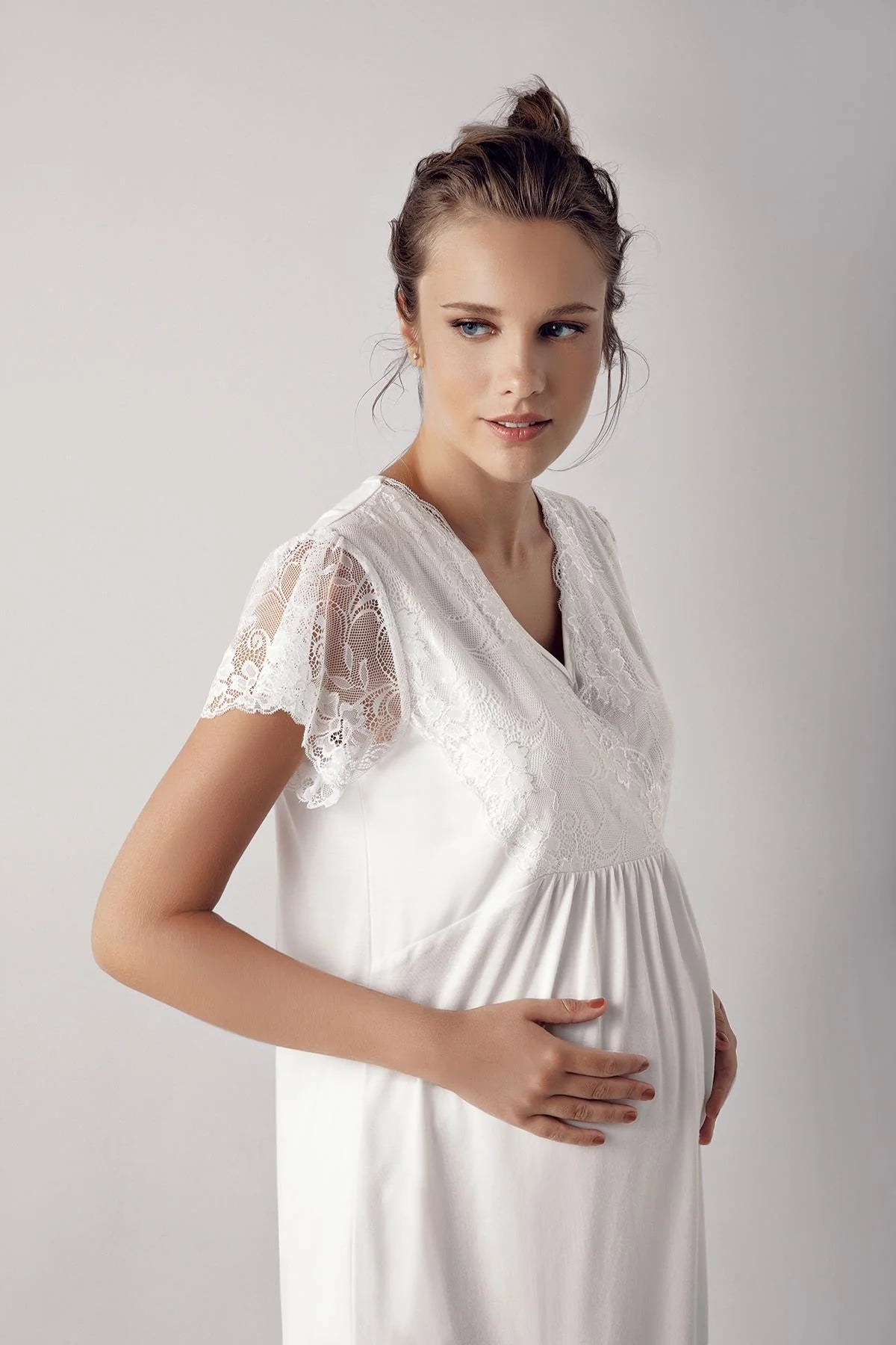 Shopymommy 13208 Lace Sleeve Double Breasted Maternity & Nursing Pajamas Ecru