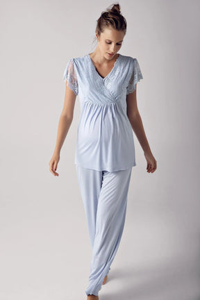 Shopymommy 13208 Lace Sleeve Double Breasted Maternity & Nursing Pajamas Blue