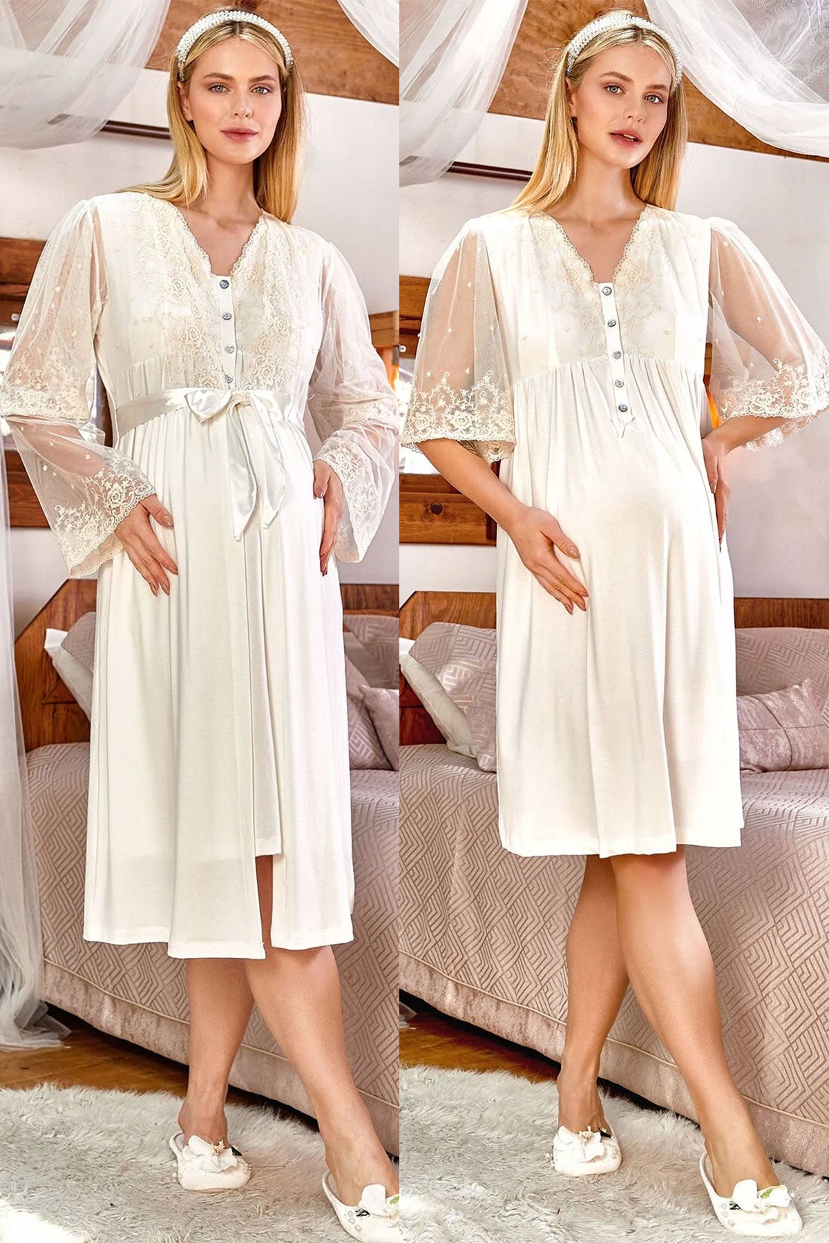 Shopymommy 150148 Tulle Lace Sleeve Maternity & Nursing Nightgown With Robe Ecru