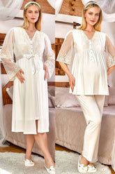 Shopymommy 150149 Tulle Lace Sleeve 3-Pieces Maternity & Nursing Pajamas With Robe Ecru