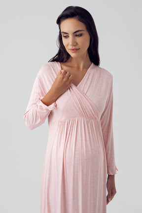 Shopymommy 15402 Double Breasted Maternity & Nursing Nightgown With Polka Dot Robe Powder