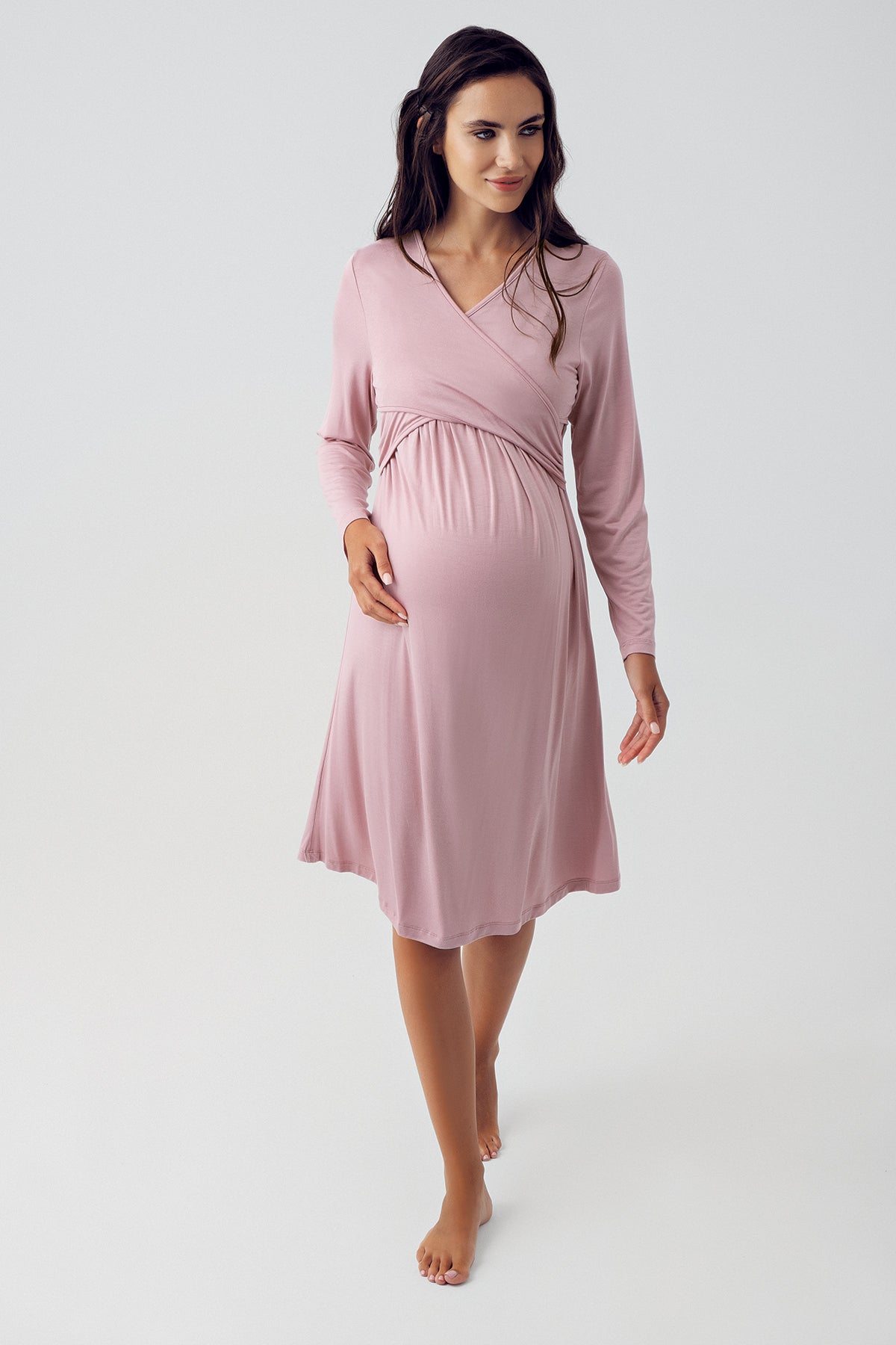 Shopymommy 15405 Cross Double Breasted Maternity & Nursing Nightgown With Patterned Robe Powder