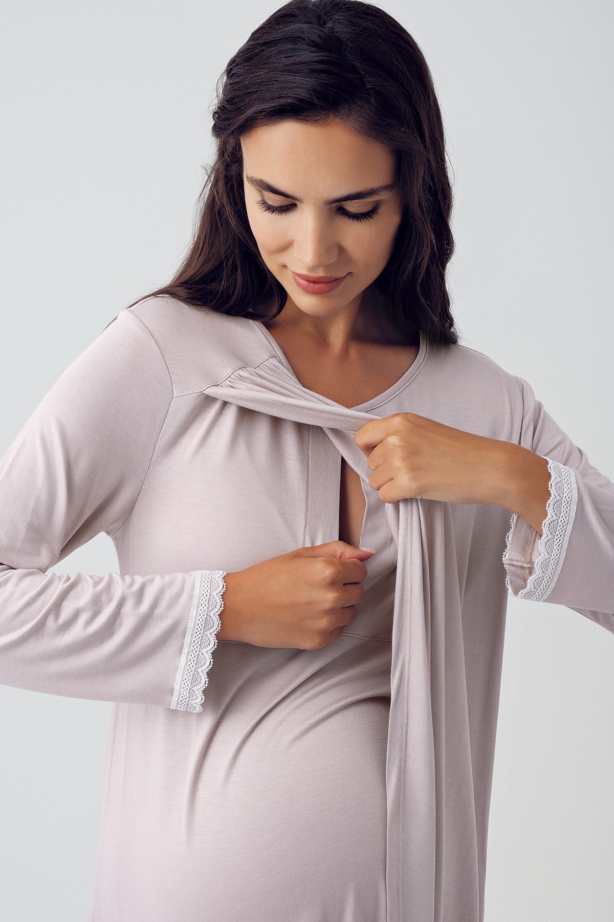 Shopymommy 15109 Wide Double Breasted Maternity & Nursing Nightgown Coffee