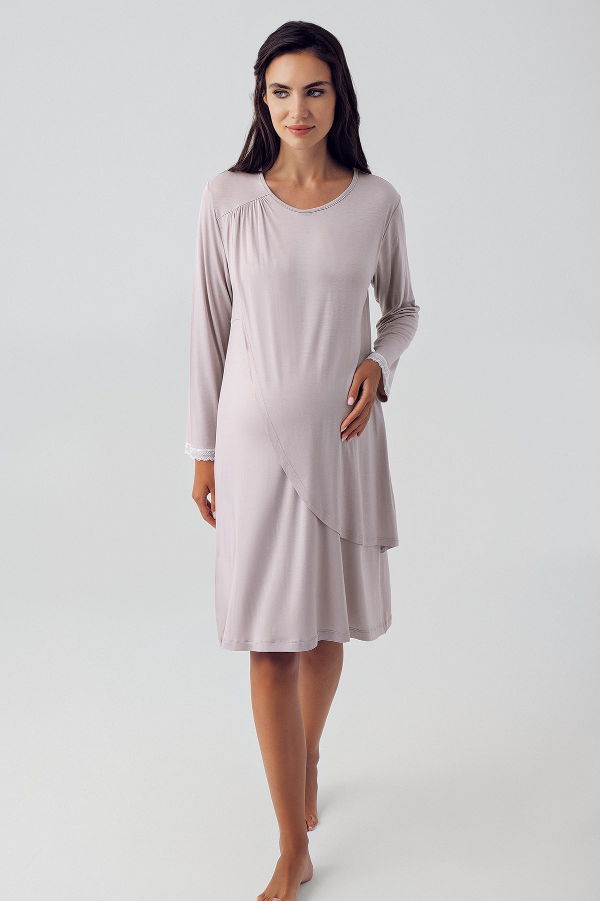 Shopymommy 15109 Wide Double Breasted Maternity & Nursing Nightgown Coffee