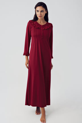 Shopymommy 15110 Lace Detailed Maternity & Nursing Nightgown Claret Red