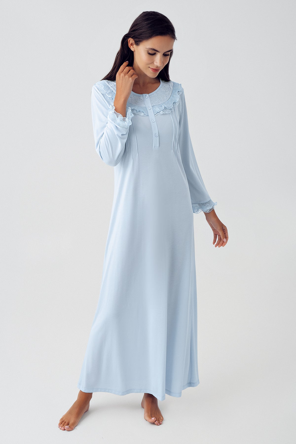 Shopymommy 15110 Lace Detailed Maternity & Nursing Nightgown Blue