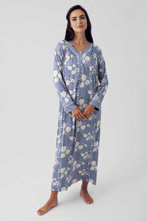Shopymommy 15115 Flowery Plus Size Maternity & Nursing Nightgown Indigo