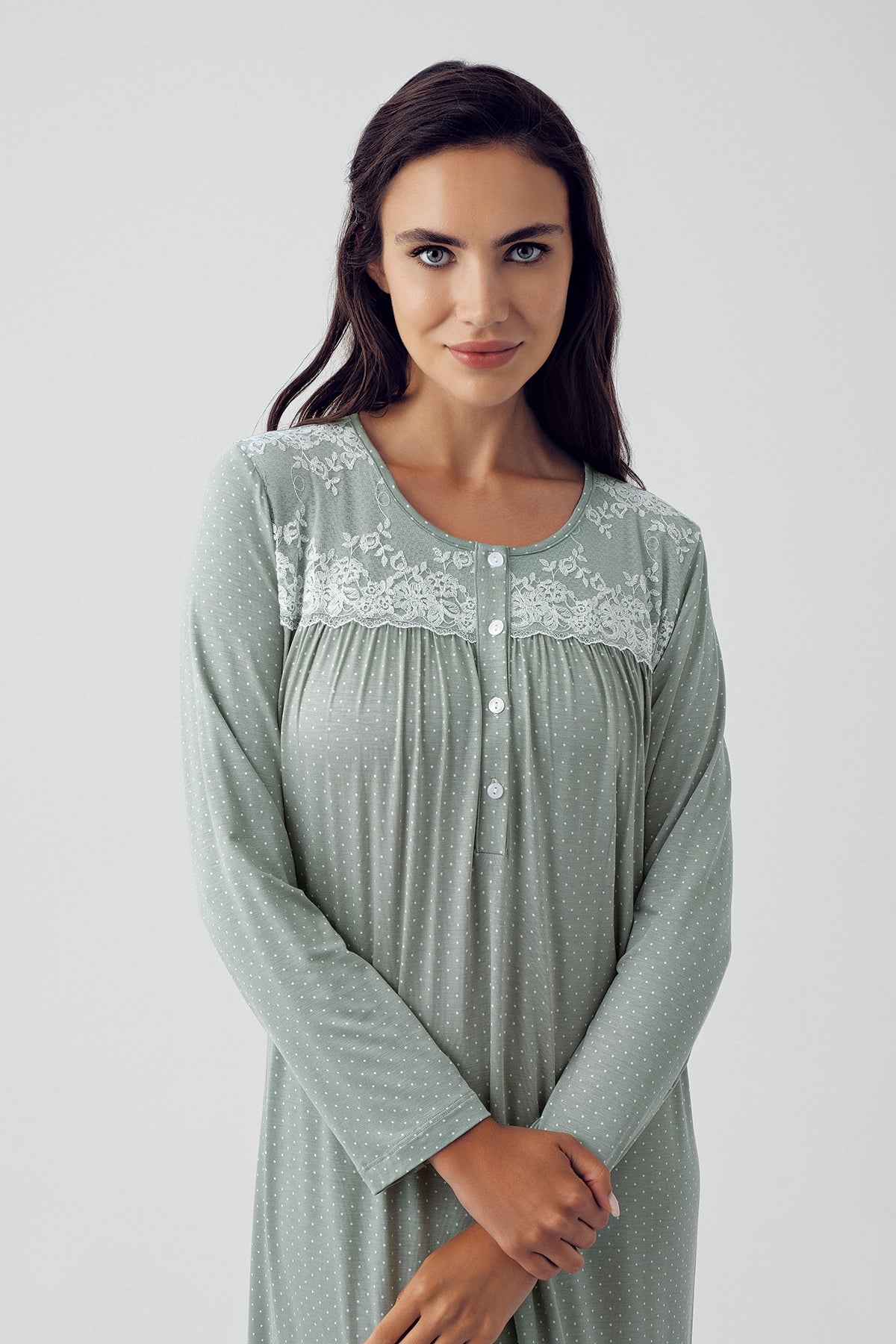 Shopymommy 15117 Lace Collar Maternity & Nursing Nightgown Green
