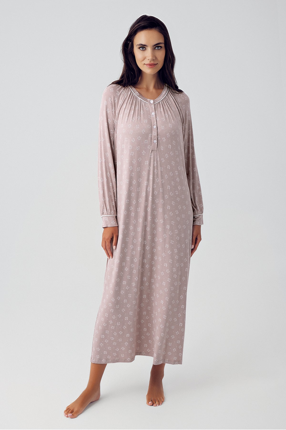 Shopymommy 15118 Patterned Plus Size Maternity & Nursing Nightgown Coffee