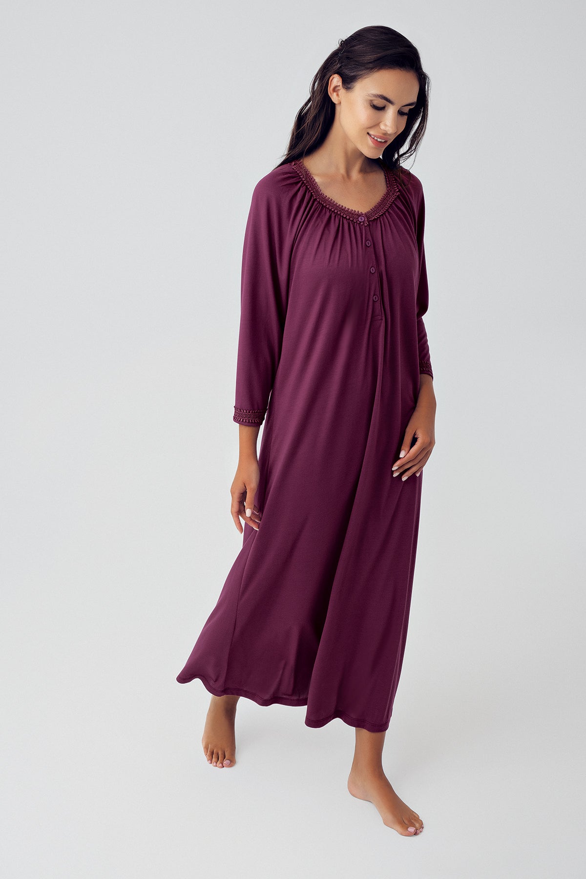 Shopymommy 15119 Square Collar Plus Size Maternity & Nursing Nightgown Plum