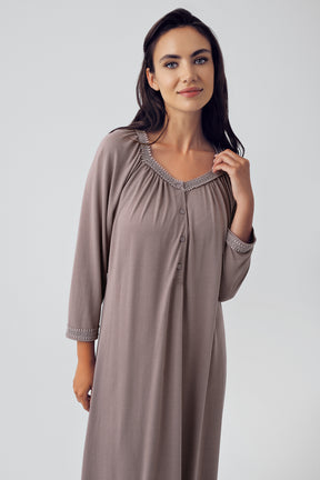Shopymommy 15119 Square Collar Plus Size Maternity & Nursing Nightgown Coffee