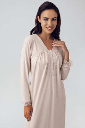 Shopymommy 15120 Lace Sleeve Plus Size Maternity & Nursing Nightgown Beige