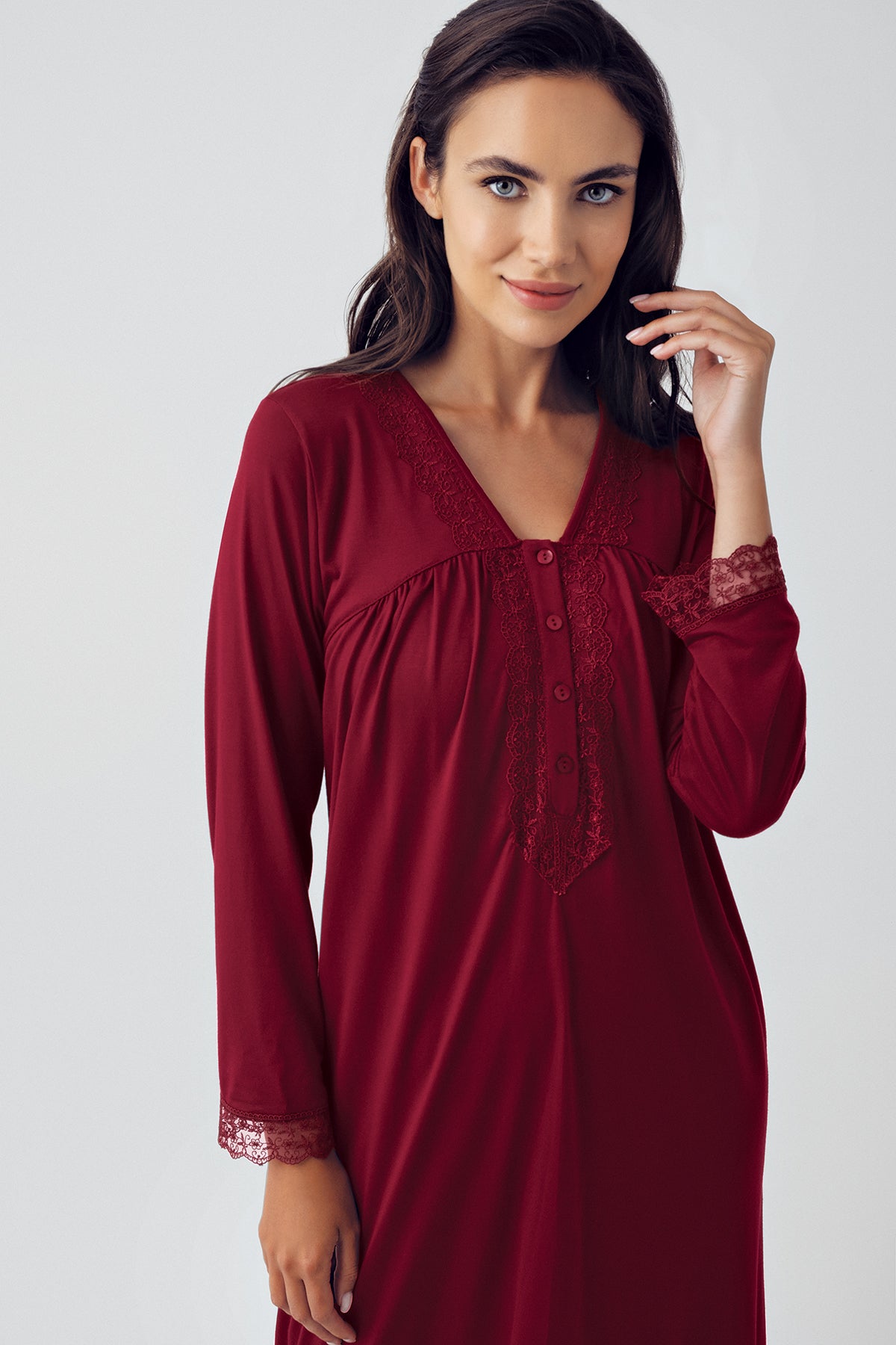Shopymommy 15120 Lace Sleeve Plus Size Maternity & Nursing Nightgown Claret Red