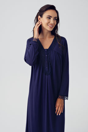 Shopymommy 15120 Lace Sleeve Plus Size Maternity & Nursing Nightgown Navy Blue