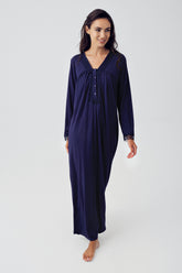 Shopymommy 15120 Lace Sleeve Plus Size Maternity & Nursing Nightgown Navy Blue