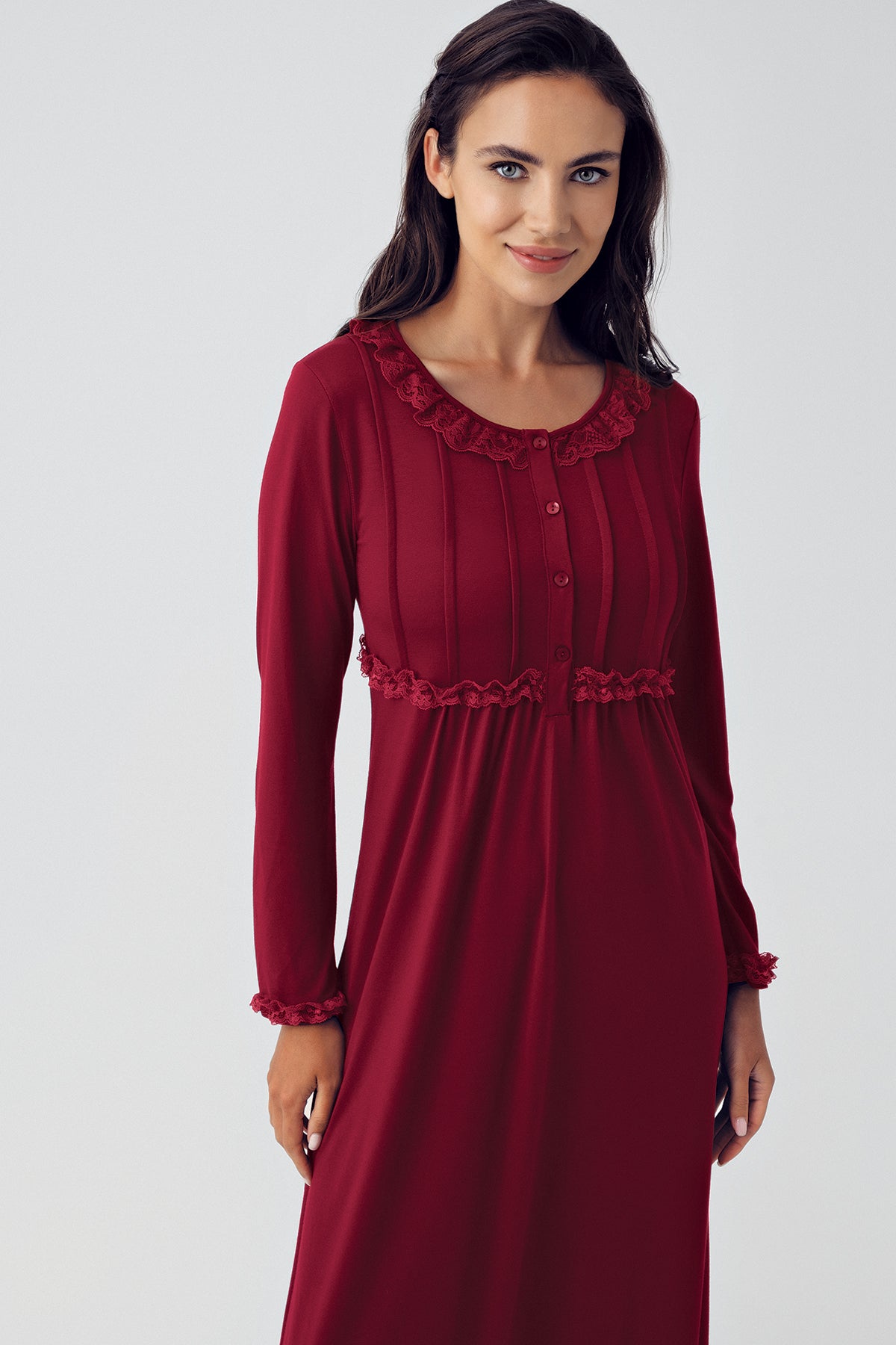 Shopymommy 15121 Guipure Collar Plus Size Maternity & Nursing Nightgown Claret Red
