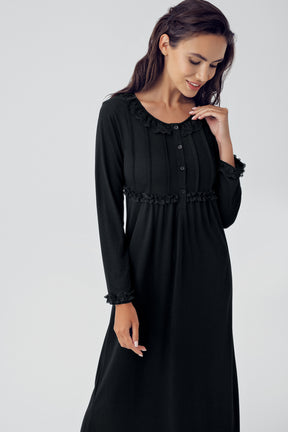 Shopymommy 15121 Guipure Collar Plus Size Maternity & Nursing Nightgown Black