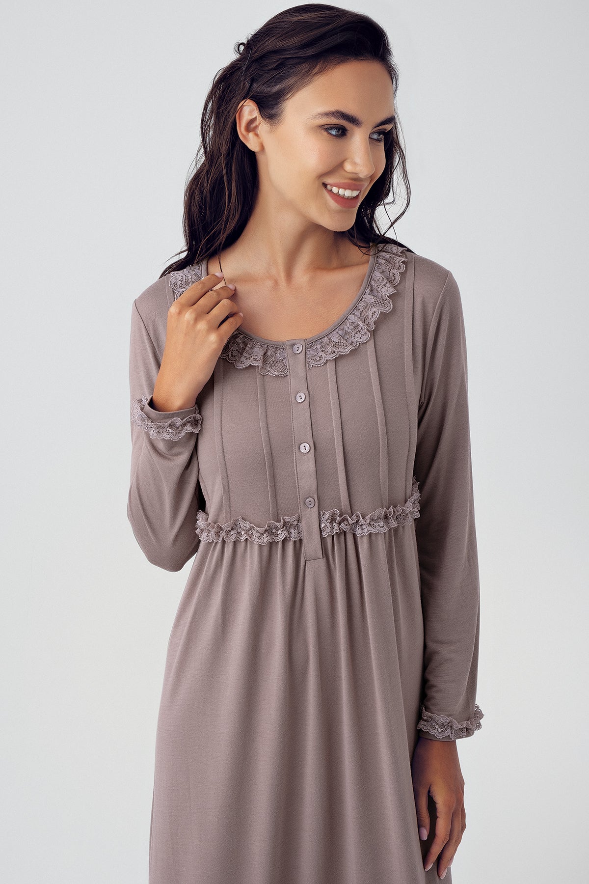 Shopymommy 15121 Guipure Collar Plus Size Maternity & Nursing Nightgown Coffee
