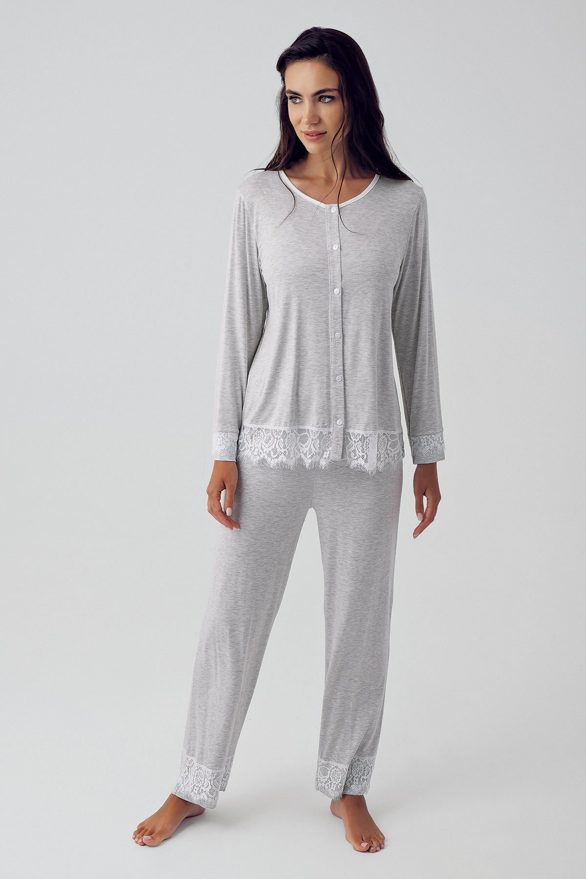 Shopymommy 15203 Melange Lace Maternity & Nursing Pajamas Grey