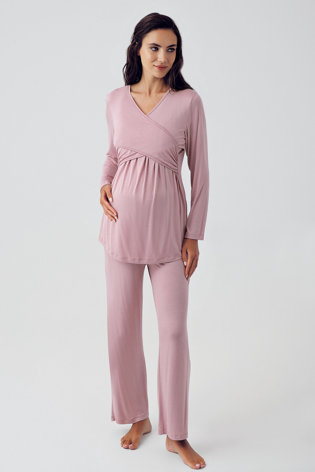 Shopymommy 15205 Cross Double Breasted Maternity & Nursing Pajamas Powder