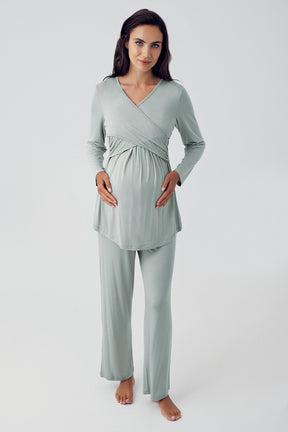 Shopymommy 15305 Cross Double Breasted 3-Pieces Maternity & Nursing Pajamas With Patterned Robe Green