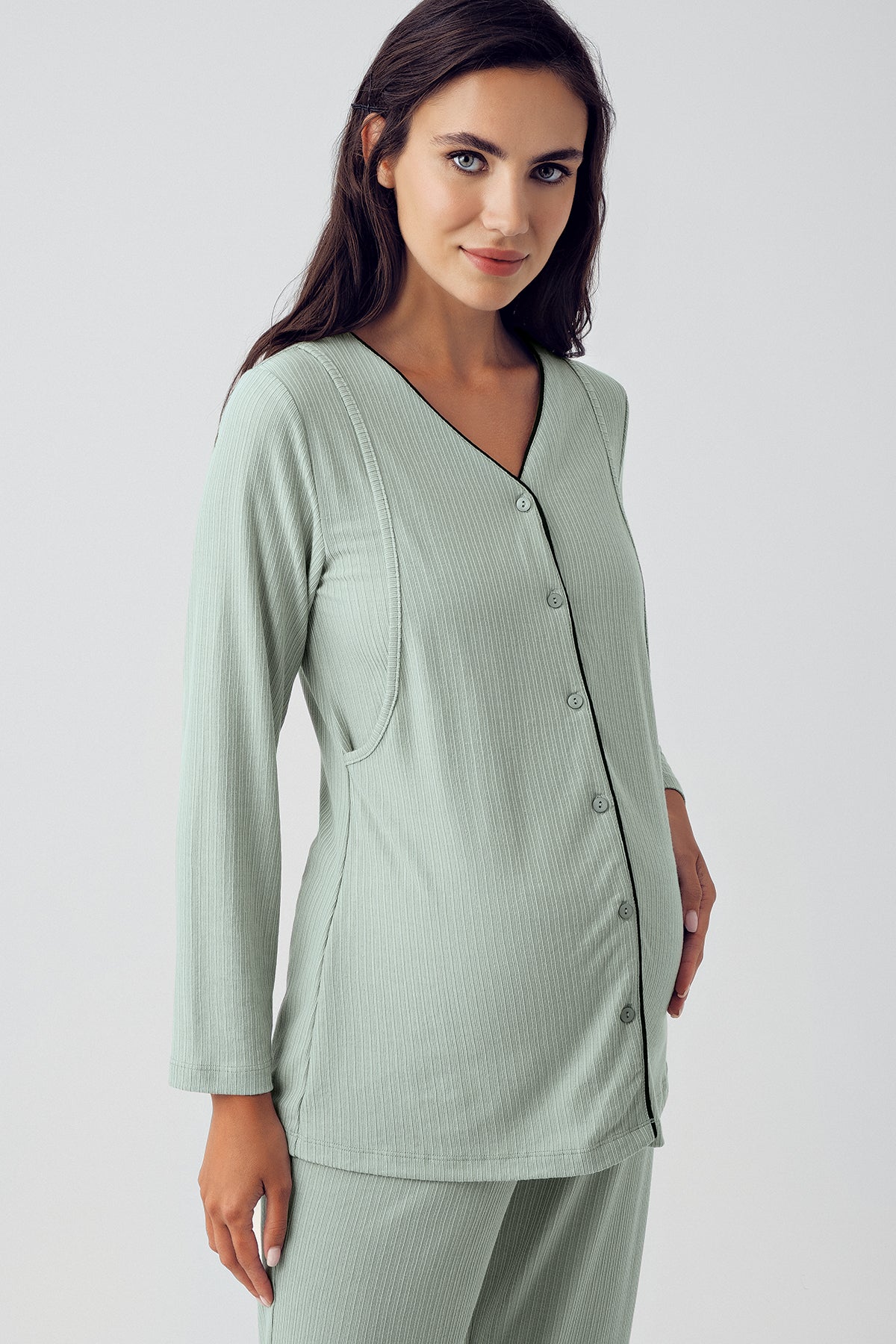 Shopymommy 15307 Double Breast Feeding 3-Pieces Maternity & Nursing Pajamas With Robe Green