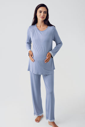 Shopymommy 15309 Wide Double Breasted 3-Pieces Maternity & Nursing Pajamas With Flowery Robe Indigo