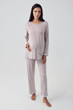 Shopymommy 15309 Wide Double Breasted 3-Pieces Maternity & Nursing Pajamas With Flowery Robe Coffee
