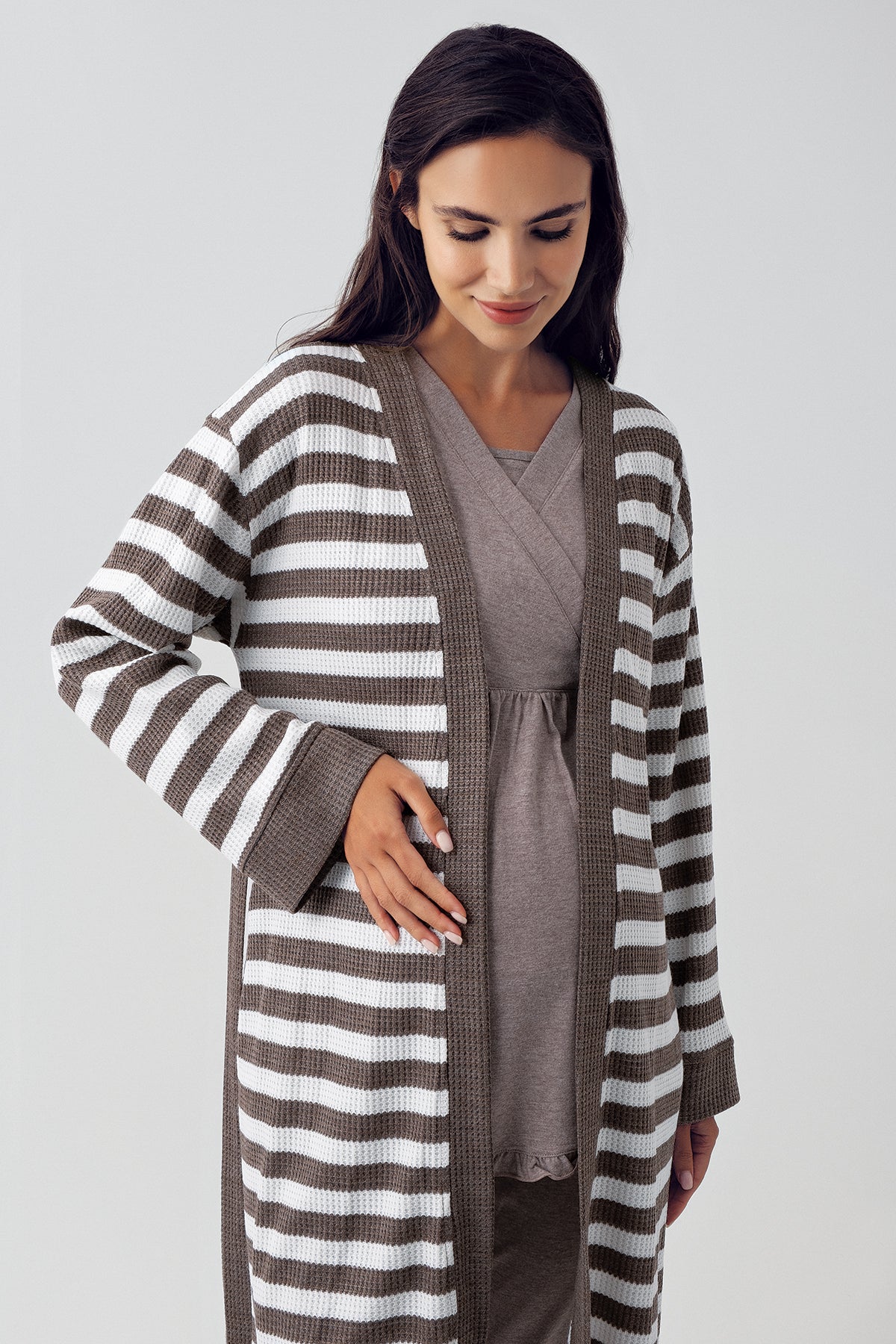 Shopymommy 15301 Double Breasted 3-Pieces Maternity & Nursing Pajamas With Knitwear Robe Coffee