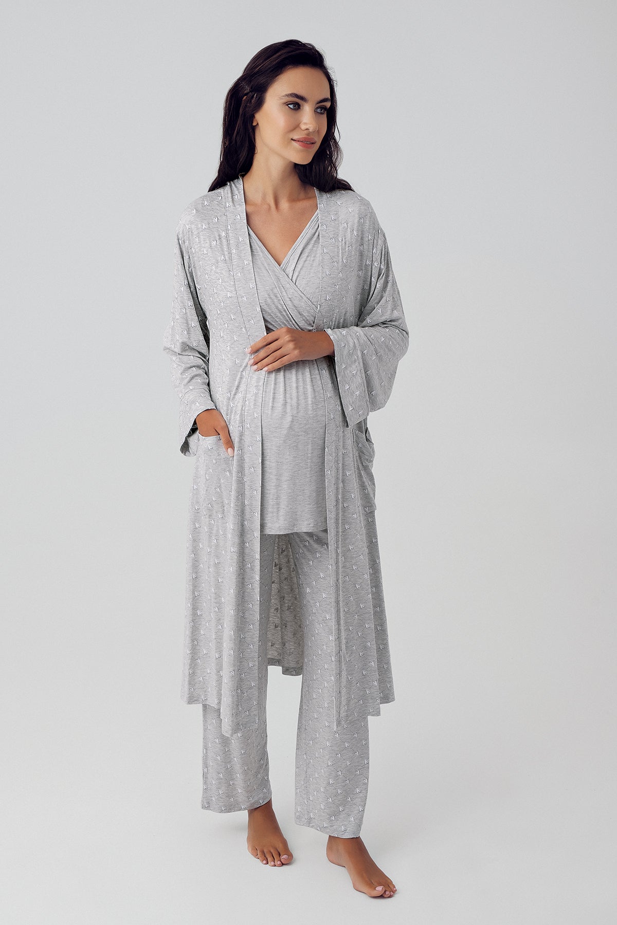Shopymommy 15302 Double Breasted 3-Pieces Maternity & Nursing Pajamas With Polka Dot Robe Grey