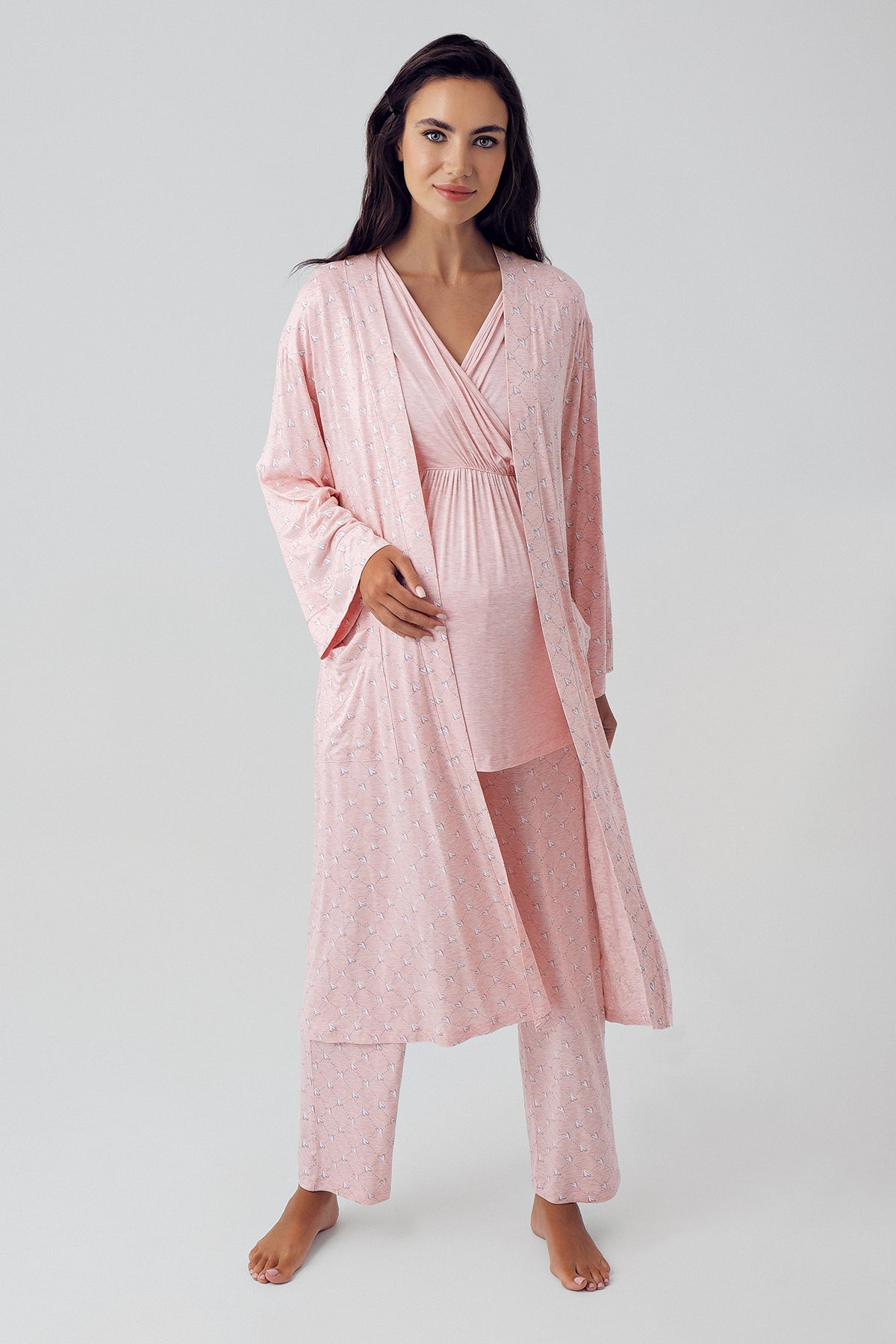 Shopymommy 15302 Double Breasted 3-Pieces Maternity & Nursing Pajamas With Polka Dot Robe Powder