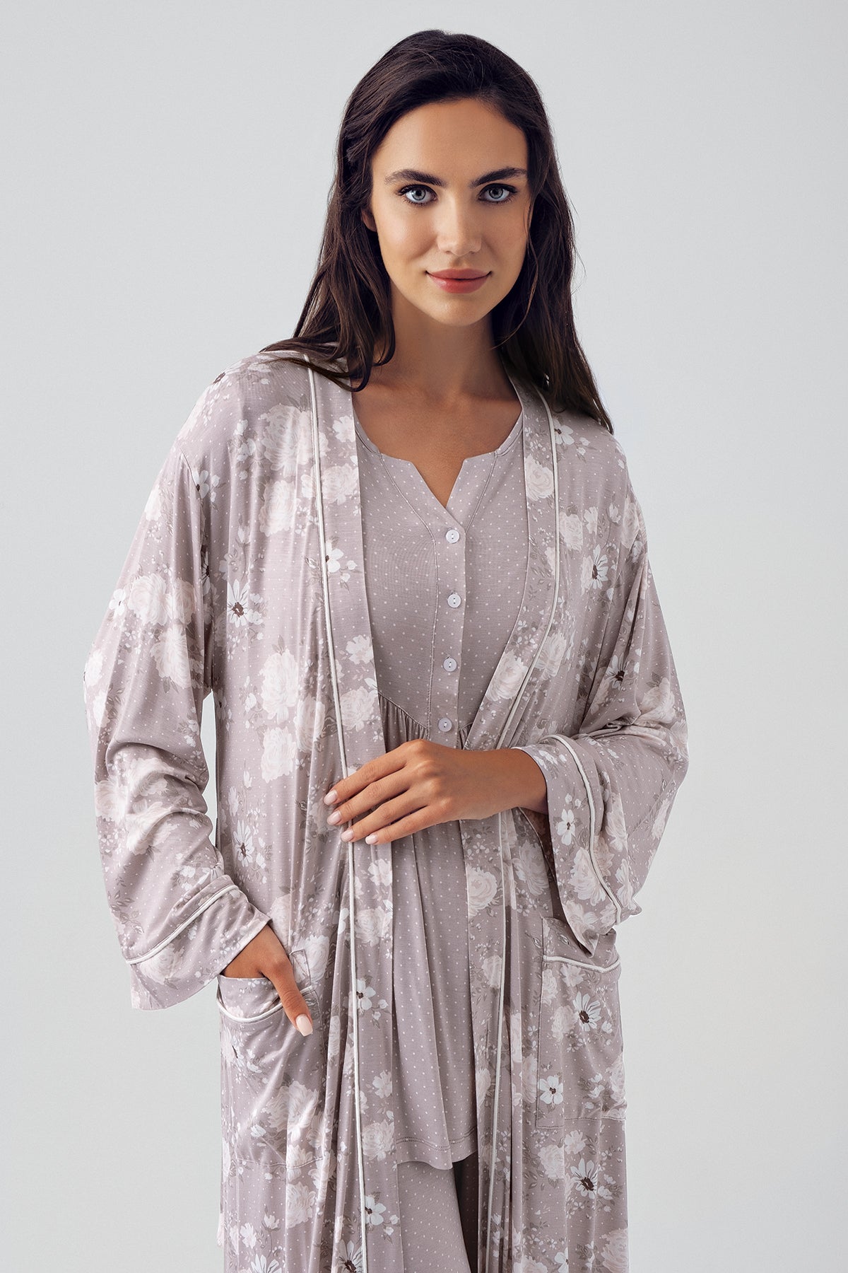 Shopymommy 15304 Polka Dot 3-Pieces Maternity & Nursing Pajamas With Flower Patterned Robe Coffee