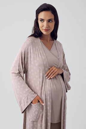 Shopymommy 15305 Cross Double Breasted 3-Pieces Maternity & Nursing Pajamas With Patterned Robe Coffee