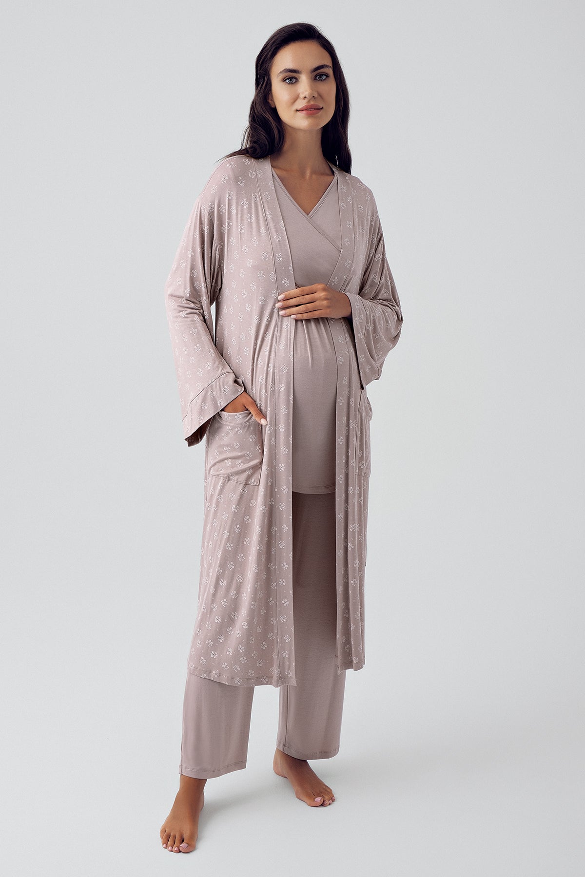 Shopymommy 15305 Cross Double Breasted 3-Pieces Maternity & Nursing Pajamas With Patterned Robe Coffee