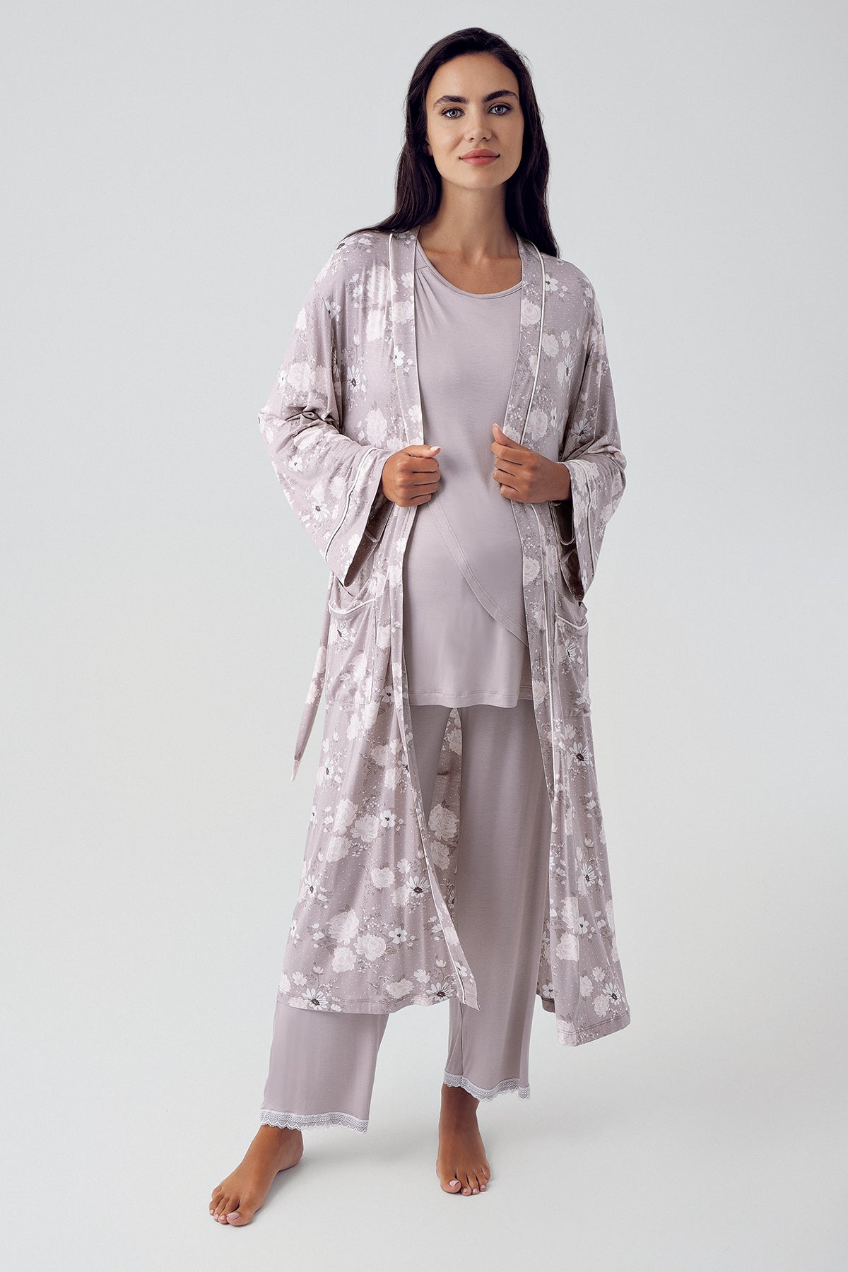 Shopymommy 15309 Wide Double Breasted 3-Pieces Maternity & Nursing Pajamas With Flowery Robe Coffee